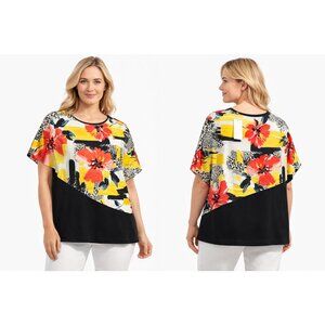 T-shirt Femme Asymétrique Floral Multicolore & Imprimé Léopard – Manches Courtes